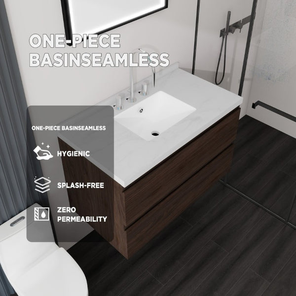 English Elm 36 Inch Floating Bathroom Vanity with Cultured Marble Top Soft Close Drawer Spa Style Brown Carrara White B2775S00290