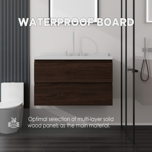 English Elm 36 Inch Floating Bathroom Vanity with Cultured Marble Top Soft Close Drawer Spa Style Brown Carrara White B2775S00290