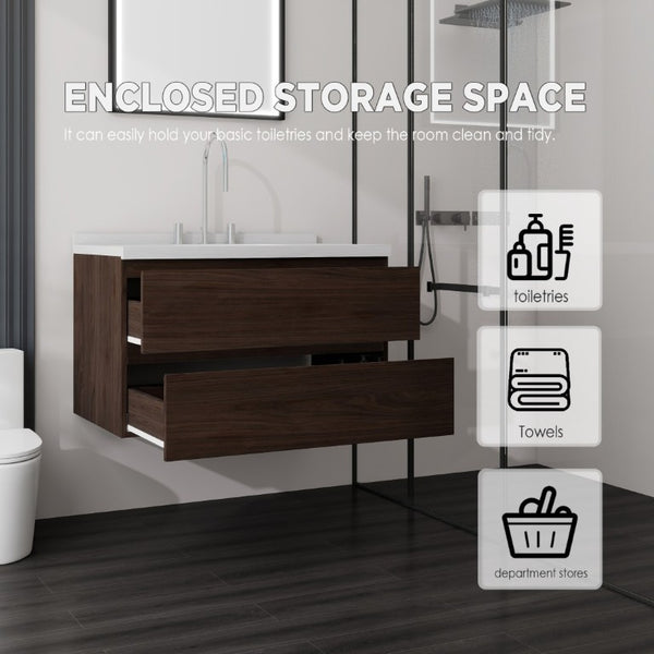 English Elm 36 Inch Floating Bathroom Vanity with Cultured Marble Top Soft Close Drawer Spa Style Brown Carrara White B2775S00290