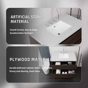 English Elm 36 Inch Floating Bathroom Vanity with Cultured Marble Top Soft Close Drawer Spa Style Brown Carrara White B2775S00290
