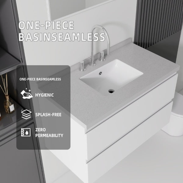 English Elm 36 Inch Floating Bathroom Vanity with Cultured Marble Top Soft Close Drawer Spa Style White Granite White B2775S00291