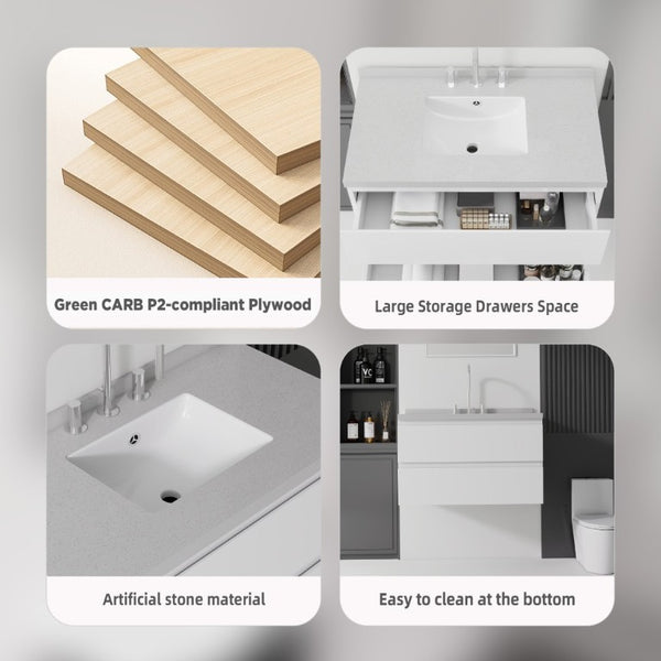English Elm 36 Inch Floating Bathroom Vanity with Cultured Marble Top Soft Close Drawer Spa Style White Granite White B2775S00291