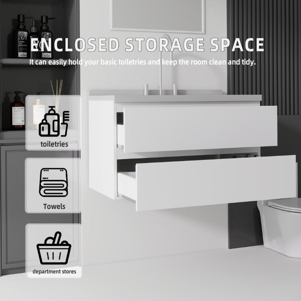 English Elm 36 Inch Floating Bathroom Vanity with Cultured Marble Top Soft Close Drawer Spa Style White Granite White B2775S00291