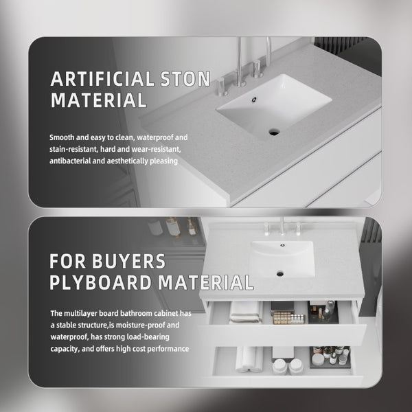 English Elm 36 Inch Floating Bathroom Vanity with Cultured Marble Top Soft Close Drawer Spa Style White Granite White B2775S00291