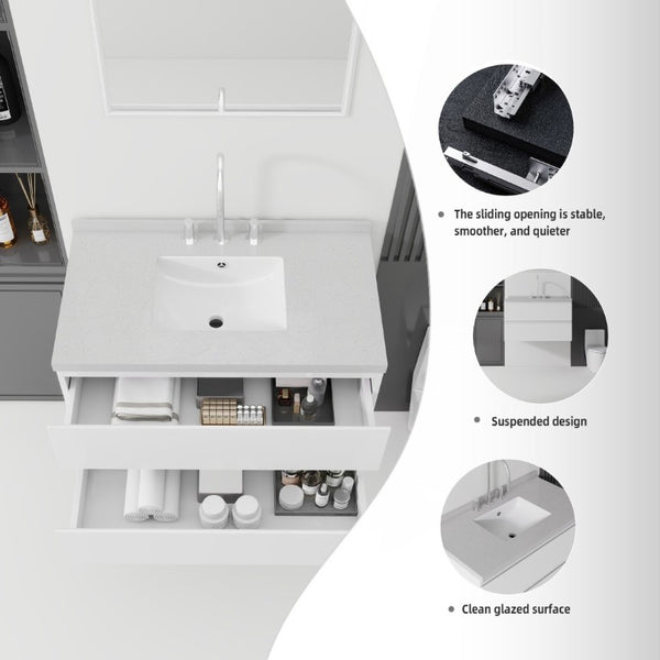 English Elm 36 Inch Floating Bathroom Vanity with Cultured Marble Top Soft Close Drawer Spa Style White Granite White B2775S00291
