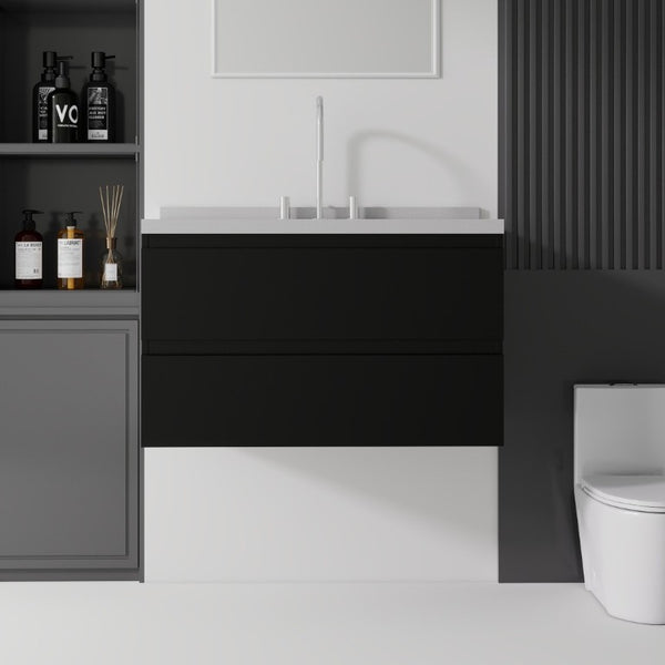 English Elm 36 Inch Floating Bathroom Vanity with Cultured Marble Top Soft Close Drawer Spa Style Black Granite White B2775S00292