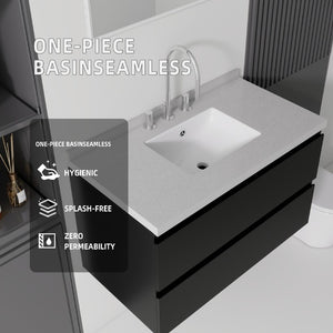 English Elm 36 Inch Floating Bathroom Vanity with Cultured Marble Top Soft Close Drawer Spa Style Black Granite White B2775S00292