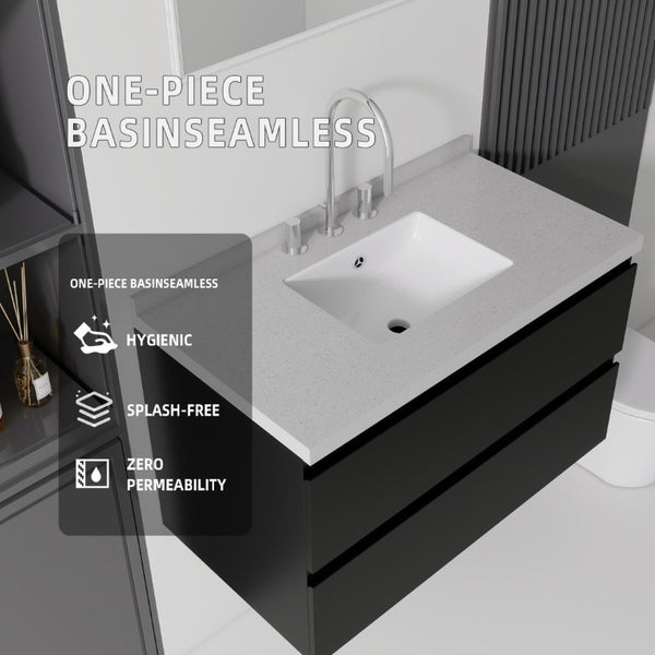 English Elm 36 Inch Floating Bathroom Vanity with Cultured Marble Top Soft Close Drawer Spa Style Black Granite White B2775S00292