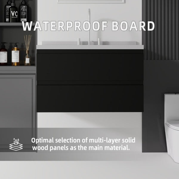 English Elm 36 Inch Floating Bathroom Vanity with Cultured Marble Top Soft Close Drawer Spa Style Black Granite White B2775S00292