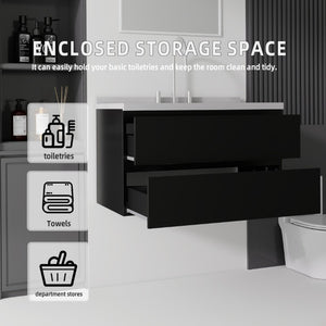 English Elm 36 Inch Floating Bathroom Vanity with Cultured Marble Top Soft Close Drawer Spa Style Black Granite White B2775S00292