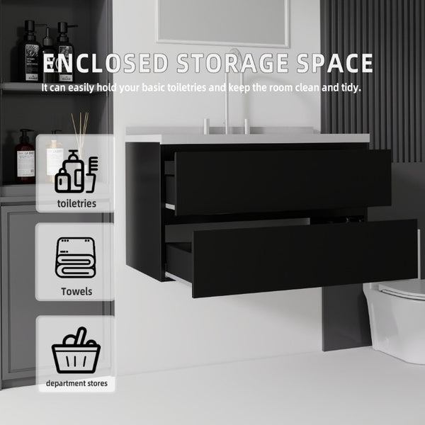 English Elm 36 Inch Floating Bathroom Vanity with Cultured Marble Top Soft Close Drawer Spa Style Black Granite White B2775S00292