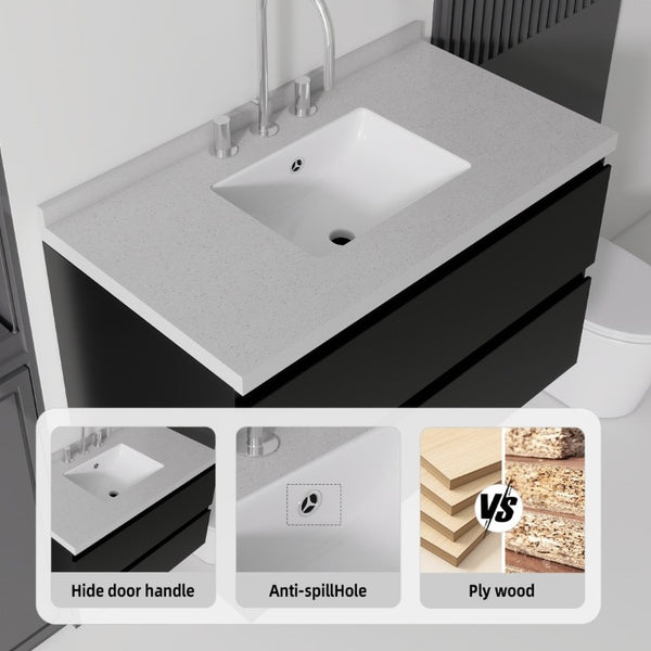 English Elm 36 Inch Floating Bathroom Vanity with Cultured Marble Top Soft Close Drawer Spa Style Black Granite White B2775S00292