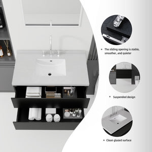 English Elm 36 Inch Floating Bathroom Vanity with Cultured Marble Top Soft Close Drawer Spa Style Black Granite White B2775S00292