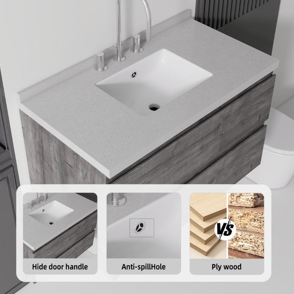 English Elm 36 Inch Floating Bathroom Vanity with Cultured Marble Top Soft Close Drawer Spa Style Grey Granite White B2775S00293