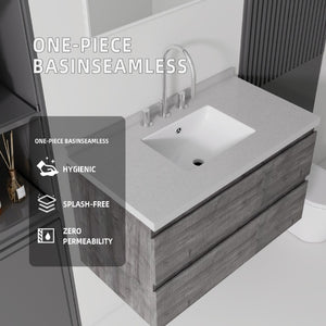 English Elm 36 Inch Floating Bathroom Vanity with Cultured Marble Top Soft Close Drawer Spa Style Grey Granite White B2775S00293