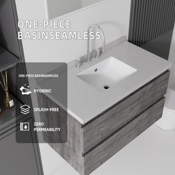English Elm 36 Inch Floating Bathroom Vanity with Cultured Marble Top Soft Close Drawer Spa Style Grey Granite White B2775S00293
