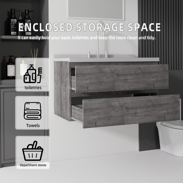 English Elm 36 Inch Floating Bathroom Vanity with Cultured Marble Top Soft Close Drawer Spa Style Grey Granite White B2775S00293