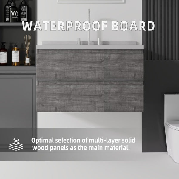 English Elm 36 Inch Floating Bathroom Vanity with Cultured Marble Top Soft Close Drawer Spa Style Grey Granite White B2775S00293