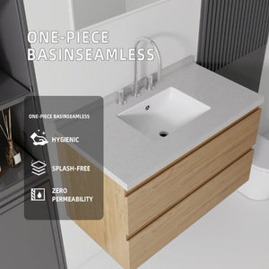 English Elm 36 Inch Floating Bathroom Vanity with Cultured Marble Top Soft Close Drawer Spa Style Oak Granite White B2775S00294