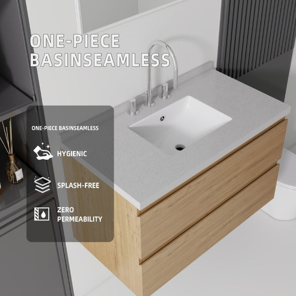 English Elm 36 Inch Floating Bathroom Vanity with Cultured Marble Top Soft Close Drawer Spa Style Oak Granite White B2775S00294