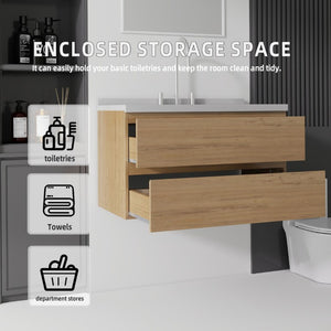 English Elm 36 Inch Floating Bathroom Vanity with Cultured Marble Top Soft Close Drawer Spa Style Oak Granite White B2775S00294