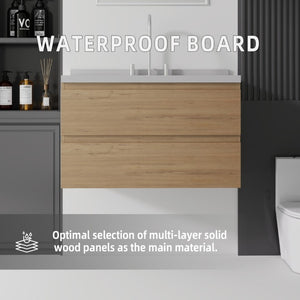 English Elm 36 Inch Floating Bathroom Vanity with Cultured Marble Top Soft Close Drawer Spa Style Oak Granite White B2775S00294