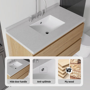 English Elm 36 Inch Floating Bathroom Vanity with Cultured Marble Top Soft Close Drawer Spa Style Oak Granite White B2775S00294