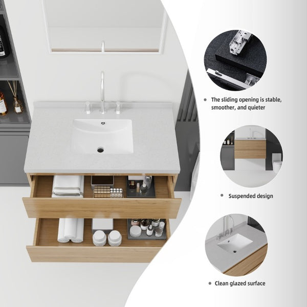 English Elm 36 Inch Floating Bathroom Vanity with Cultured Marble Top Soft Close Drawer Spa Style Oak Granite White B2775S00294