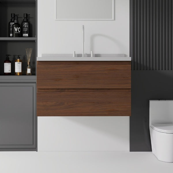 English Elm 36 Inch Floating Bathroom Vanity with Cultured Marble Top Soft Close Drawer Spa Style Brown Granite White B2775S00295