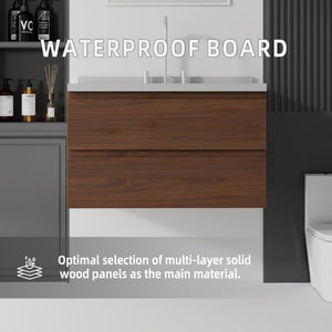 English Elm 36 Inch Floating Bathroom Vanity with Cultured Marble Top Soft Close Drawer Spa Style Brown Granite White B2775S00295