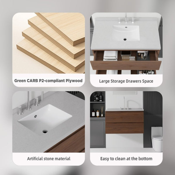 English Elm 36 Inch Floating Bathroom Vanity with Cultured Marble Top Soft Close Drawer Spa Style Brown Granite White B2775S00295