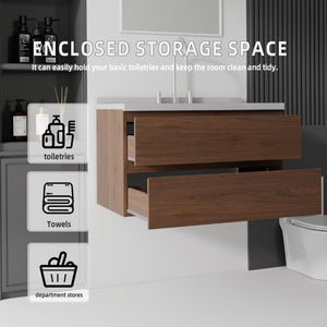 English Elm 36 Inch Floating Bathroom Vanity with Cultured Marble Top Soft Close Drawer Spa Style Brown Granite White B2775S00295