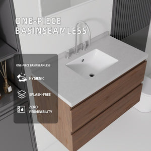English Elm 36 Inch Floating Bathroom Vanity with Cultured Marble Top Soft Close Drawer Spa Style Brown Granite White B2775S00295