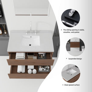 English Elm 36 Inch Floating Bathroom Vanity with Cultured Marble Top Soft Close Drawer Spa Style Brown Granite White B2775S00295