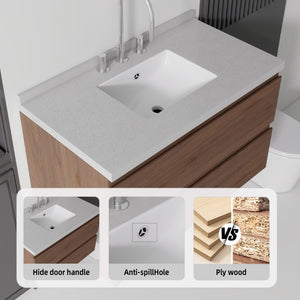 English Elm 36 Inch Floating Bathroom Vanity with Cultured Marble Top Soft Close Drawer Spa Style Brown Granite White B2775S00295