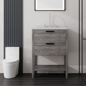 English Elm 24 Inch Freestanding Bathroom Vanity with Cultured Marble Top Soft Close Spa Style Grey Carrara White B2775S00296