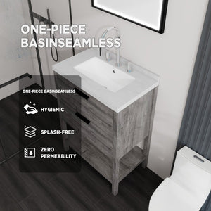 English Elm 24 Inch Freestanding Bathroom Vanity with Cultured Marble Top Soft Close Spa Style Grey Carrara White B2775S00296