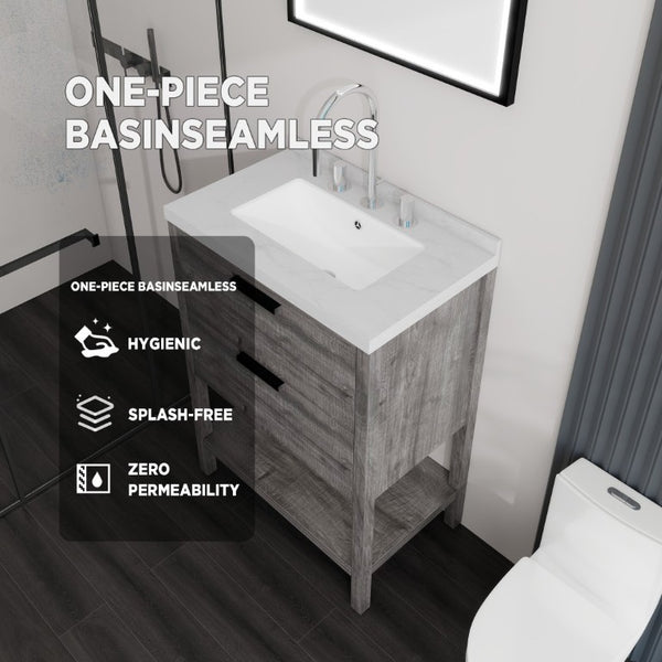 English Elm 24 Inch Freestanding Bathroom Vanity with Cultured Marble Top Soft Close Spa Style Grey Carrara White B2775S00296