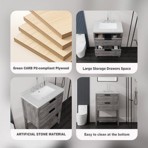 English Elm 24 Inch Freestanding Bathroom Vanity with Cultured Marble Top Soft Close Spa Style Grey Carrara White B2775S00296