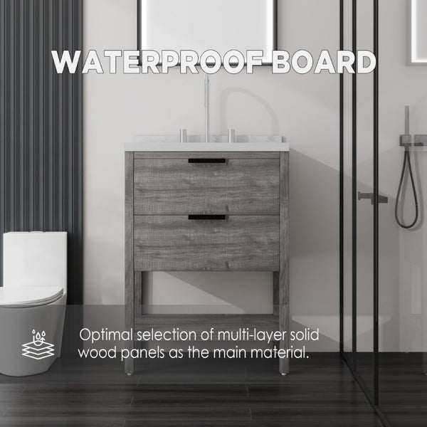 English Elm 24 Inch Freestanding Bathroom Vanity with Cultured Marble Top Soft Close Spa Style Grey Carrara White B2775S00296
