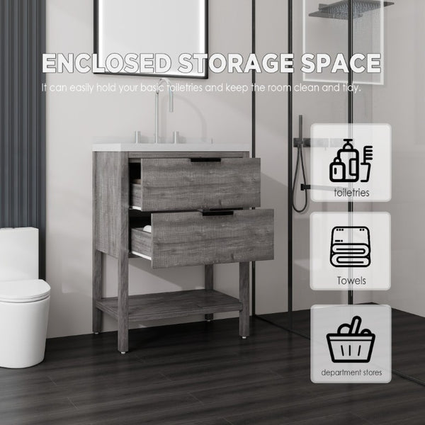 English Elm 24 Inch Freestanding Bathroom Vanity with Cultured Marble Top Soft Close Spa Style Grey Carrara White B2775S00296