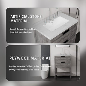 English Elm 24 Inch Freestanding Bathroom Vanity with Cultured Marble Top Soft Close Spa Style Grey Carrara White B2775S00296
