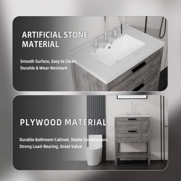 English Elm 24 Inch Freestanding Bathroom Vanity with Cultured Marble Top Soft Close Spa Style Grey Carrara White B2775S00296