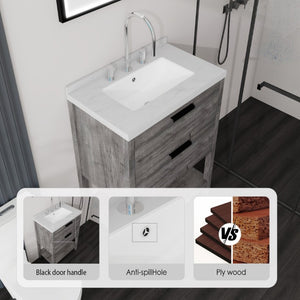 English Elm 24 Inch Freestanding Bathroom Vanity with Cultured Marble Top Soft Close Spa Style Grey Carrara White B2775S00296