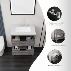 English Elm 24 Inch Freestanding Bathroom Vanity with Cultured Marble Top Soft Close Spa Style Grey Carrara White B2775S00296