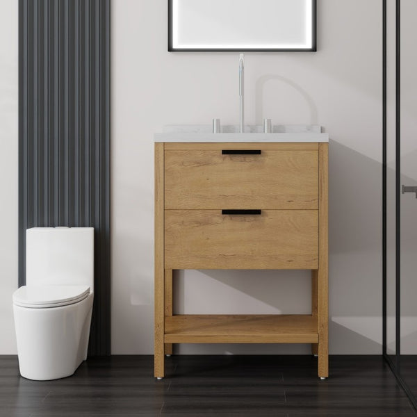 English Elm 24 Inch Freestanding Bathroom Vanity with Cultured Marble Top Soft Close Spa Style Oak Carrara White B2775S00297