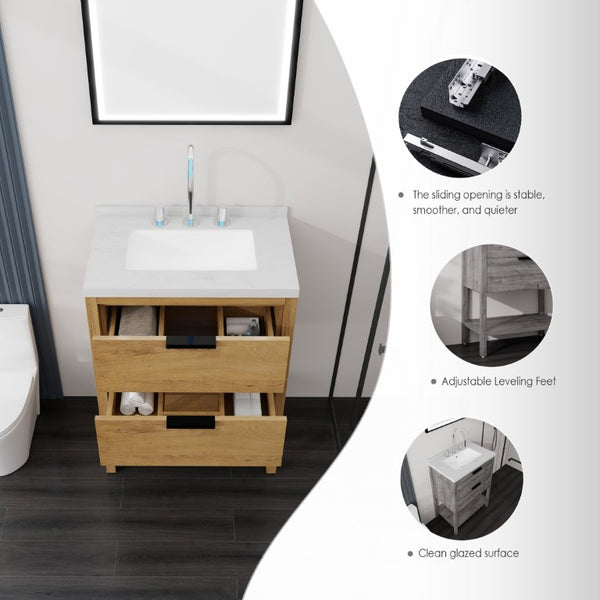 English Elm 24 Inch Freestanding Bathroom Vanity with Cultured Marble Top Soft Close Spa Style Oak Carrara White B2775S00297