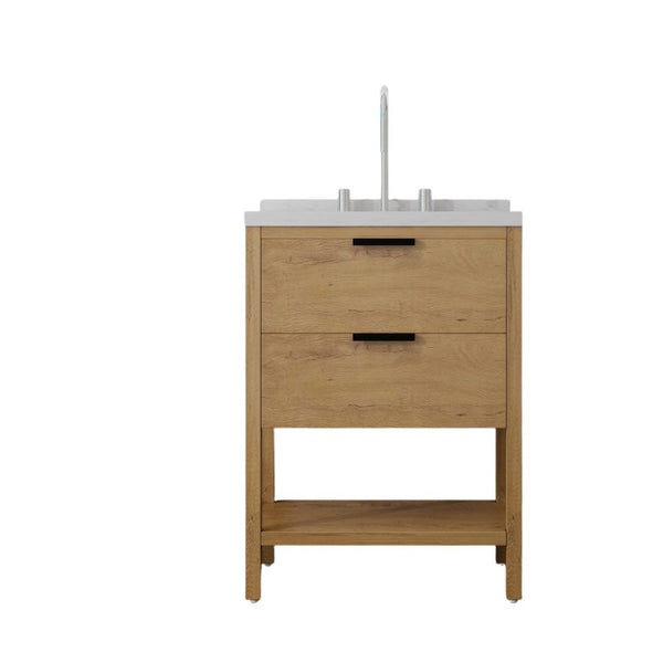 English Elm 24 Inch Freestanding Bathroom Vanity with Cultured Marble Top Soft Close Spa Style Oak Carrara White B2775S00297