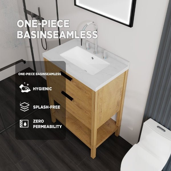 English Elm 24 Inch Freestanding Bathroom Vanity with Cultured Marble Top Soft Close Spa Style Oak Carrara White B2775S00297