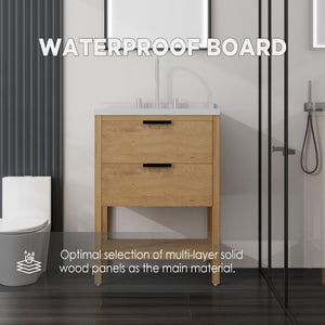 English Elm 24 Inch Freestanding Bathroom Vanity with Cultured Marble Top Soft Close Spa Style Oak Carrara White B2775S00297